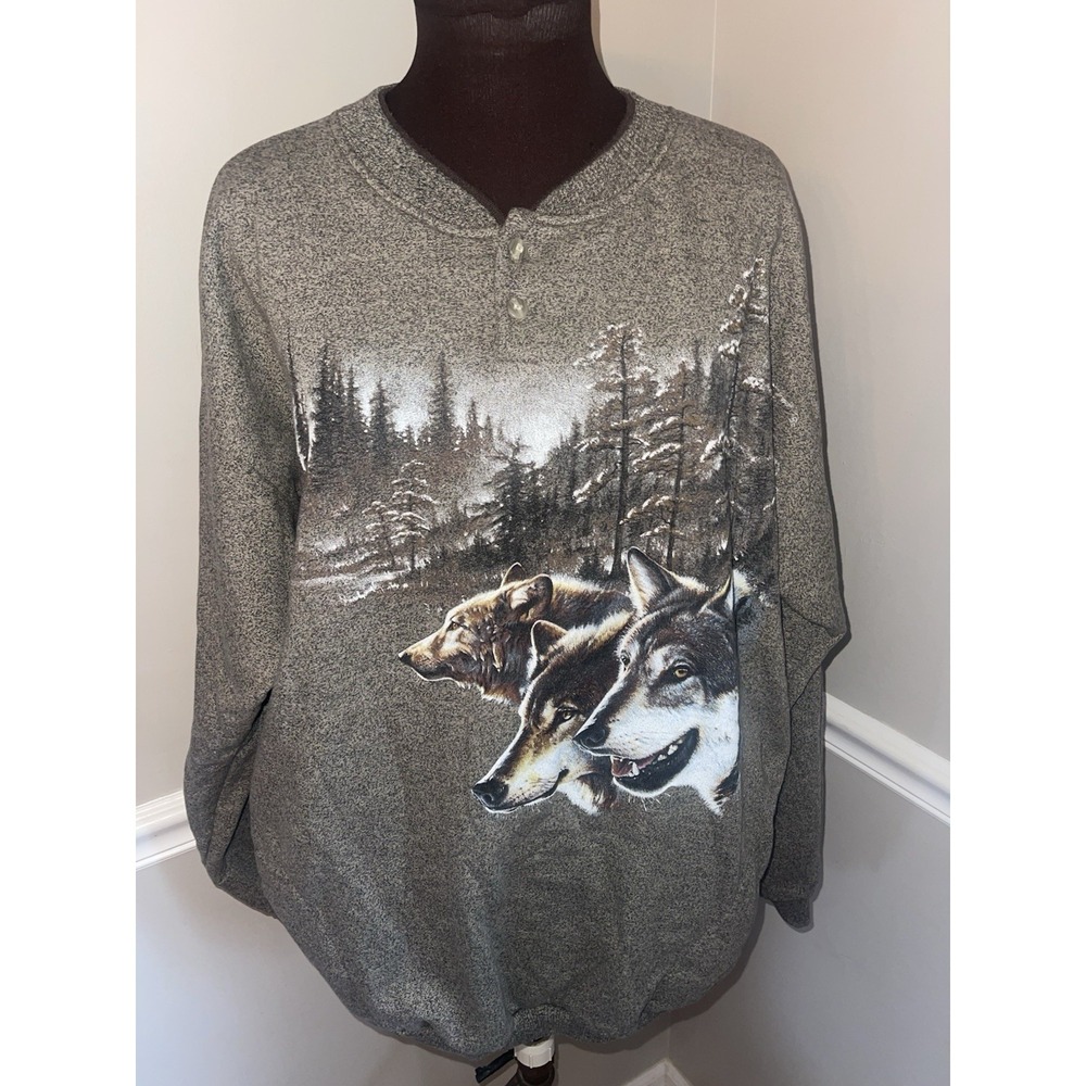 Vintage Forest Glen Wolves Wrap Around Sweatshirt Mens 2XL Tan Fleece Henley 90s